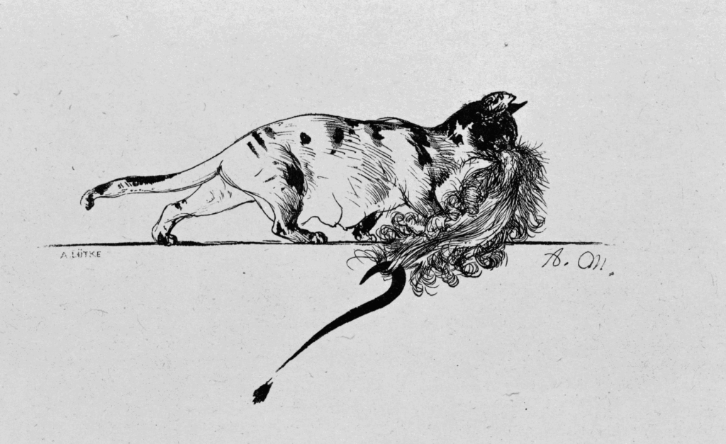 Adolph Menzel (1876): Eine trächtige Katze schleppt Adams Perücke nach rechts, an der ein langes schwarzes Fragezeichen hängt, zu Heinrich von Kleists „Der zerbrochne Krug“.