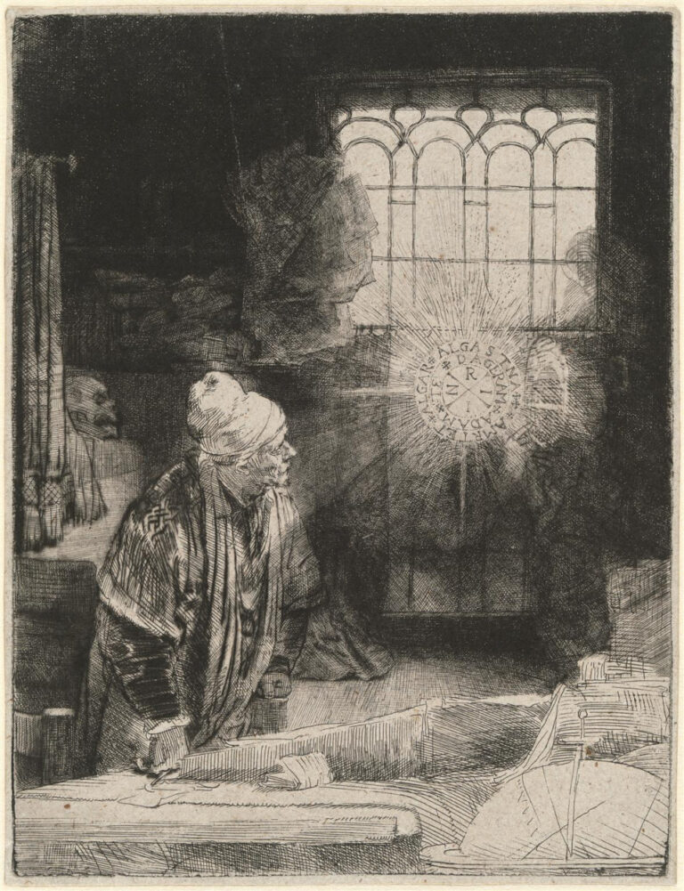 REMBRANDT VON RIJN: „Doktor Faustus“ („Der Alchemist“). Radierung (1652).